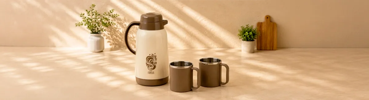 Flask and mugs