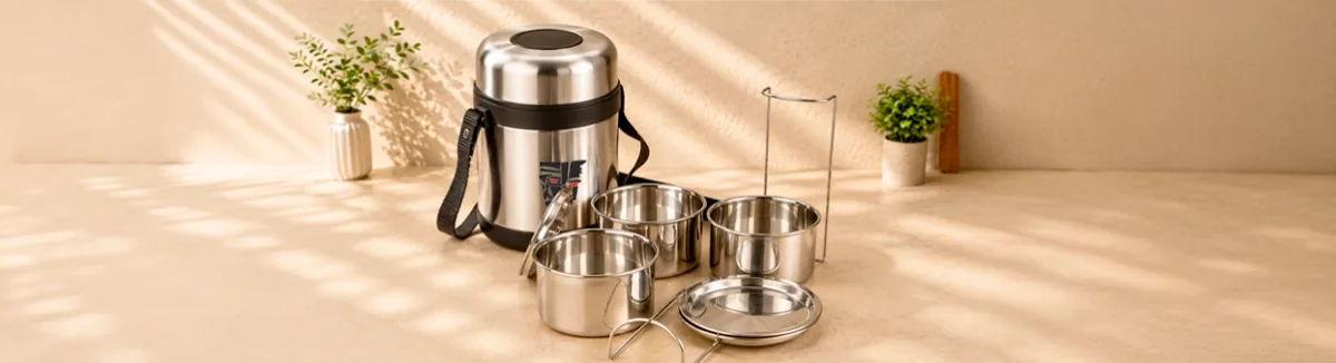 VALERIA insulated steel tiffin, three containers with plate and carry strap